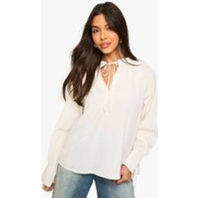 Womens Crinkle Tie Neck Blouse - Ecru - 10