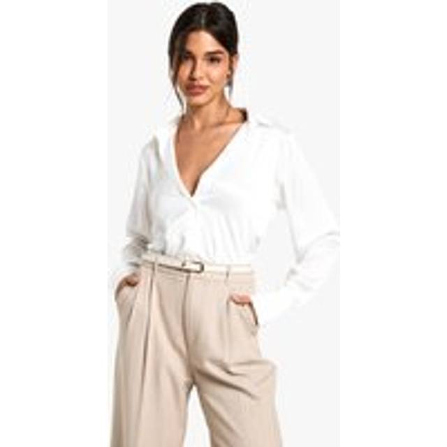 Womens Satin V-neck Button Up Shirt - White - 12