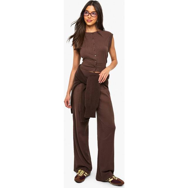 Womens Rib Wide Leg Trouser - Chocolate - 10