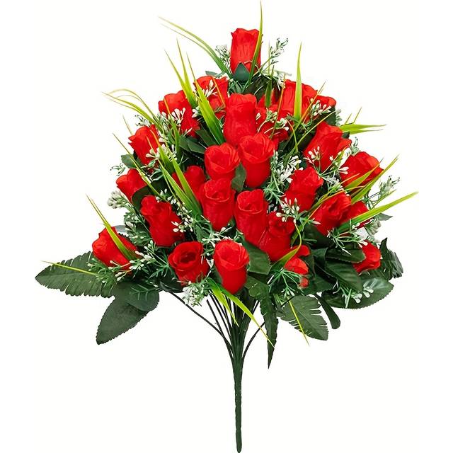 TEMU 1 Bundle Of 24 Artificial Roses Cemetery Memorial Flowers - Plastic, Suitable For Outdoor Grave Decorations On Anniversary Of Funeral, Burial Grounds And Condolences