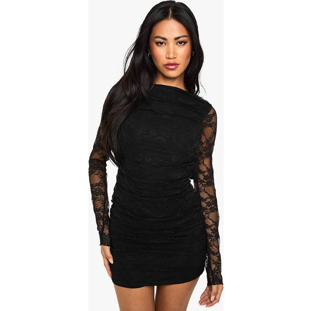 Womens Lace Ruched Detail Backless Mini Dress - Black - 16, Black