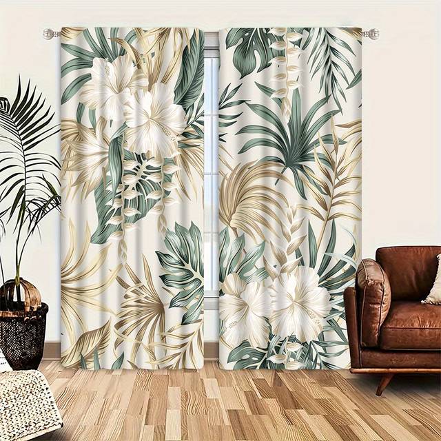 TEMU 2pcs Tropical Leaf Print Door Curtains - Lightweight Polyester With Elegant White Flowers & Green Foliage Design, Machine Washable, Bedroom, Living Room, Or Office Decor, Curtains For Living Room