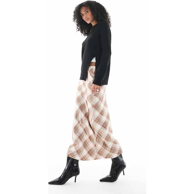 New Look Women's Pink Checked Satin Bias Cut Midi Skirt - UK 12