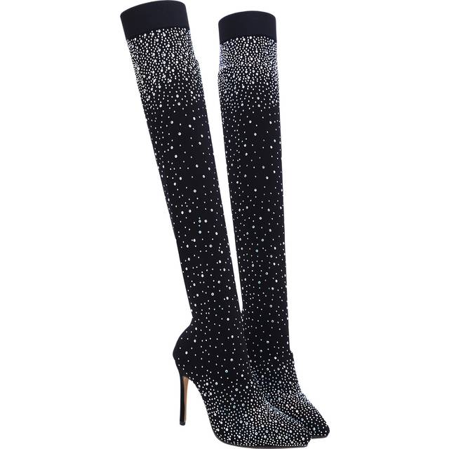 TEMU Women's Elegant Sparkly Rhinestone Over-the-knee Stretch Mesh Boots With Pointed Toe High Heels, Dates, Parties, Nightclubs, And Music Festivals
