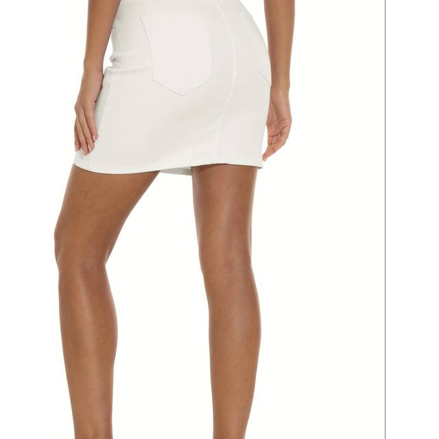 TEMU Women's Elegant White Denim Mini Skirt With Button Detail - High-waisted, Mid-thigh Length, Stretch Fabric, Summer, Casual To Formal Wear, Casual Attire | Elegant Skirt | Medium Stretch Fabric