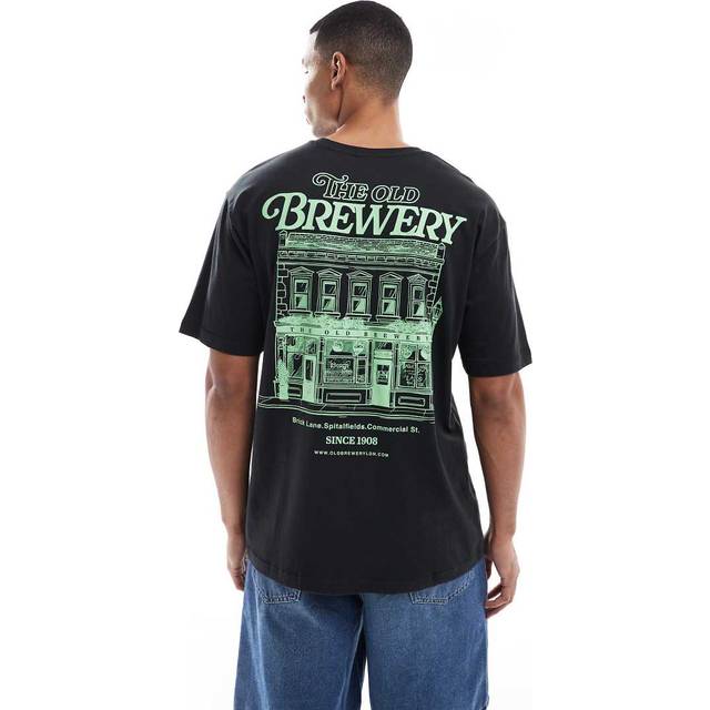 ONLY & SONS – Svart t-shirt i oversize med 'Brewery'-tryck på ryggen-Svart/a