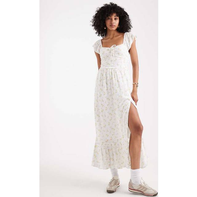 Hollister Offshoulder Midikjole Med Slids Og Blomstermønster - Gylden Gul
