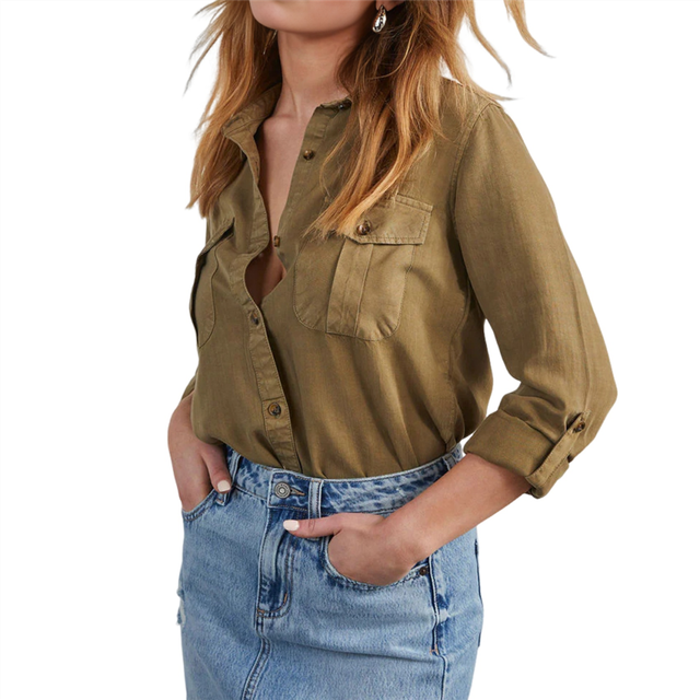 (XL, Dark Brown) Women Double Pockets Spliced Decoration Denim Shirt Jacket Single-Breasted Lapel Casual Female Tops Milky S