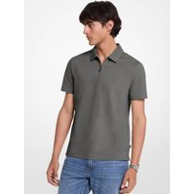 MK Cotton Blend Piqué Zip-Up Polo Shirt - Grey - Michael Kors