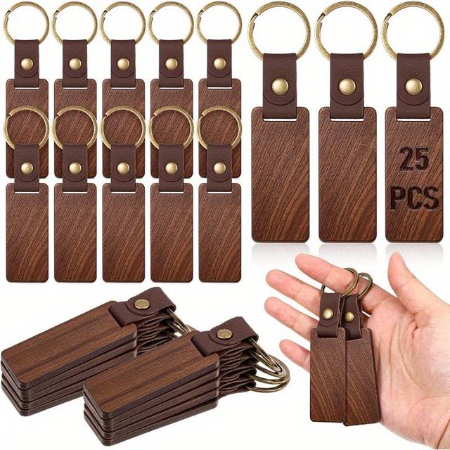 TEMU 25pcs Wooden Keychain Blanks Rectangle Wood Keychain Blanks With Strap Engraving Blanks Key Chain Unfinished Wooden Keychains Bulk For Laser Engraving Diy Wood Crafts Gift Accessories