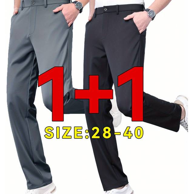 TEMU 2pcs Men's Summer Business Formal Straight-leg Pants - Comfortable Polyester Blend, , Black & Gray, Machine Washable, Wear