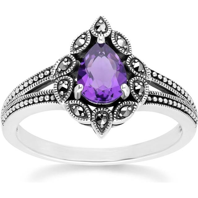 Art Deco Style Pear Amethyst & Marcasite Ring in Sterling Silver