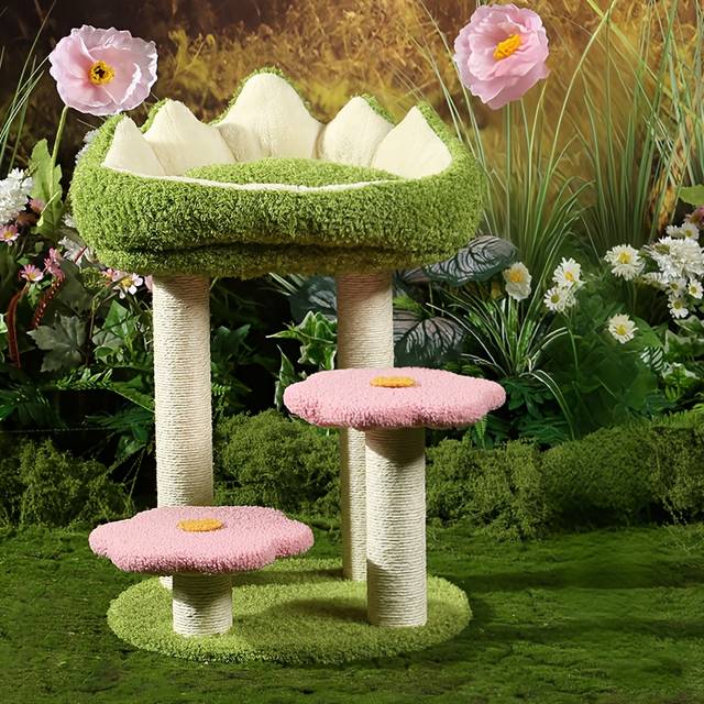 TEMU Wooden Cat Tree Tower With Scratching Posts, Cozy Condo & Plush Mushroom Seat - Multi-level Activity Center For Small To Medium Cats, Reinforced Wood Construction, Green Leaf &