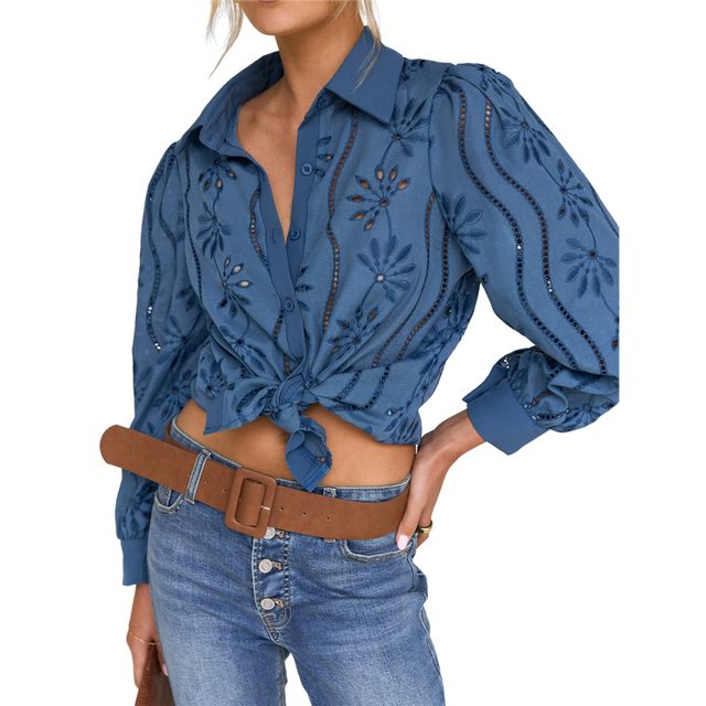 (S, Gray Blue) Womens Long Puff Sleeve Blouse V Neck Buttons Hollow Out Lace Embroidered Blouses Shirts S