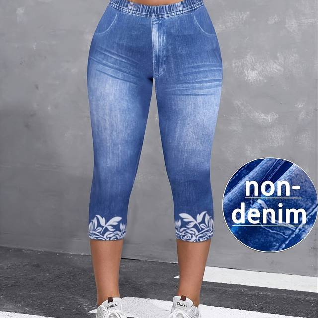 TEMU Women's High-waisted 7/8 Leggings - Denim Print Stretchy Yoga Pants, High Elasticity Machine Washable Non-see-through Workout & Casual Wear, Workout Leggings, , Modern Fashion, Fabric