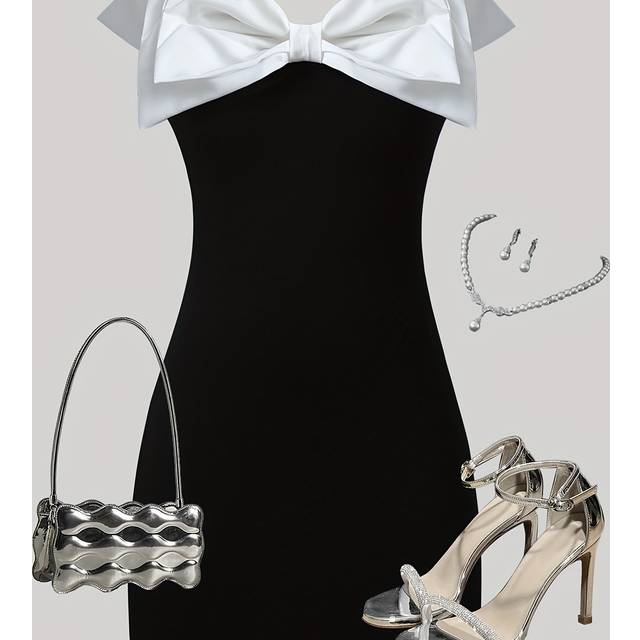 TEMU 1pc Elegant Off-shoulder Black Dress With White Bow Detail - Sleeveless, Bodycon, Formal Events And Parties, Formal Event Dress | Offshoulder Fashion | Knitted Fabric