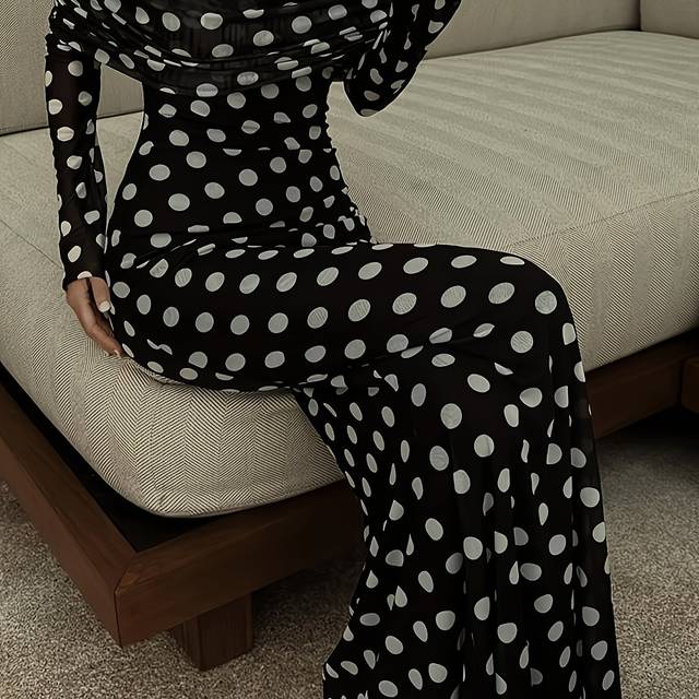 TEMU Women's Off-shoulder Polka Dot Long Sleeve Bodycon Dress - High Elasticity Machine Washable Black & White Dress, Versatile Fashion, Offshoulder Design, Elegant Contrast