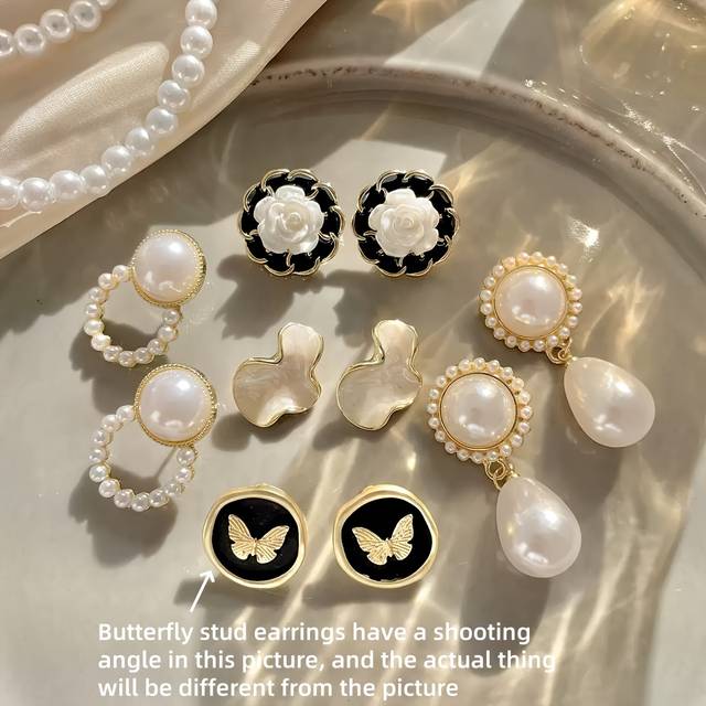 TEMU 5 Pairs Of Women's Fashion Ear Studs With Retro Style Pearl, High-end Design Flower And Earrings Suitable For And Festive Gifts