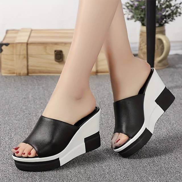 TEMU Women's Chic Black & White -toe Wedge Sandals - Casual Slip-on Platform Heels With Sole, Cover Straps For , High Heel Sandals
