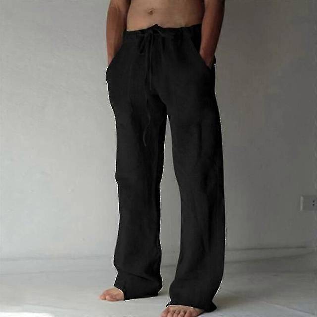 (M, White) Mens Linen Pants Yoga Beach Loose Fit Casual Summer Elastic Waist Drawstring Baggy Trousers With Pockets
