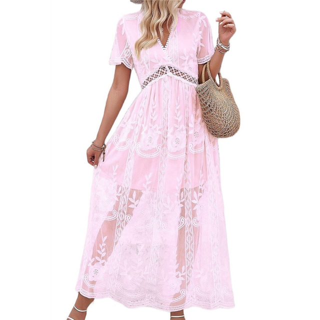 Women'S V Neck Short Sleeve Floral Lace Wedding Dress Bridesmaid Cocktail Party Maxi Pink L
