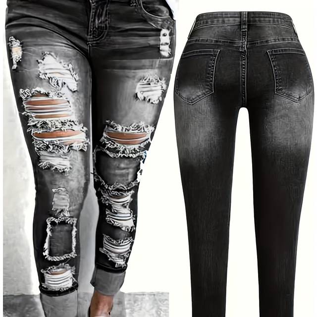 TEMU Women's Stretch Skinny Jeans With Ripped Detail - Mid-rise, Distressed Black Denim, Casual Fit, Rayon/spandex/polyester Blend, Machine Washable
