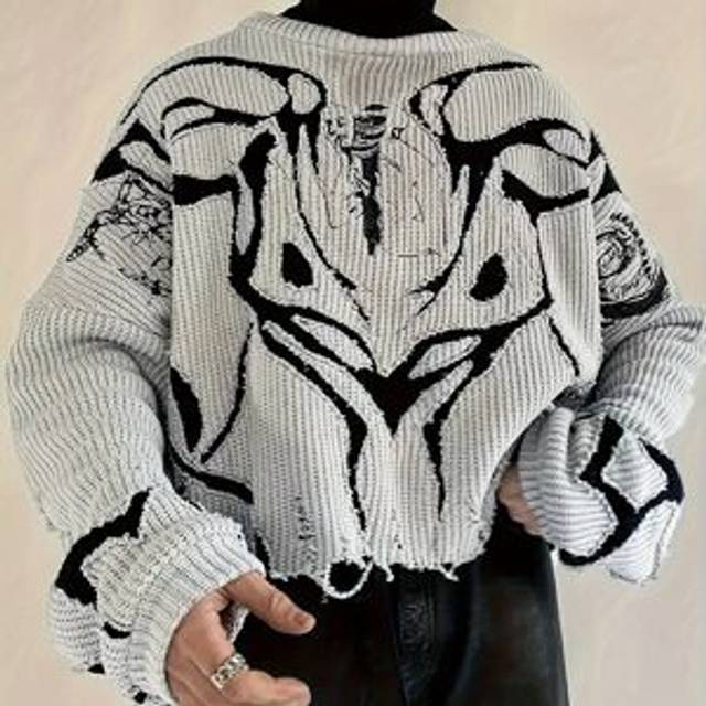 TEMU Graphic Pattern Knit Ripped Sweater, Casual Long Sleeve Pullover Sweater For Fall & Winter, Women's Clothing