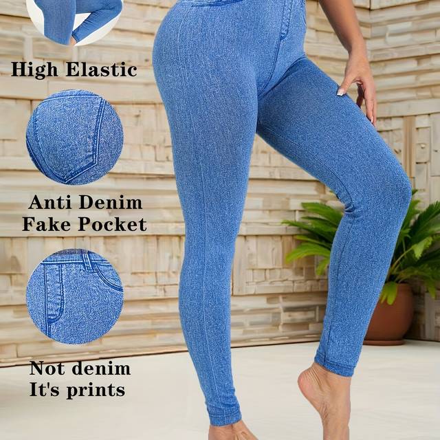 TEMU 【 Denim】middle Eastern Special Women's Casual Yoga Leggings With Denim Print, Stylish High-elasticity Skinny Pants Made Of Fabric, Gym Workouts, Yoga, Running, Cycling, And Leisure Activities.