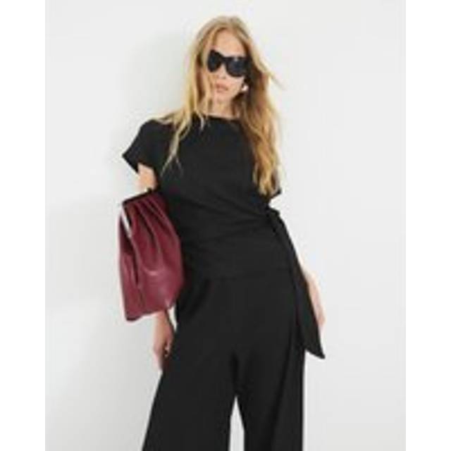 River Island Womens Black Short Sleeve Textured Tie Waist T-Shirt - M