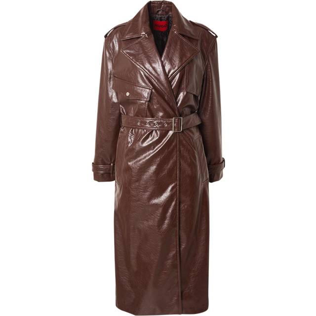 Long-length relaxed-fit trench coat in faux leather - Dark Brown
