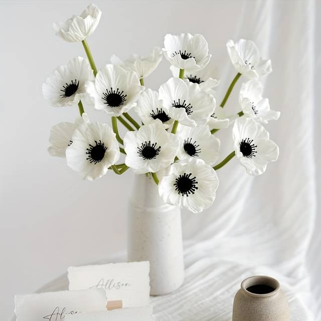 TEMU 16pcs Lifelike Artificial White Bouquet - Real Touch Flowers With Black , Wedding Centerpieces, Memorial Day Decor, And , Flower Decorations