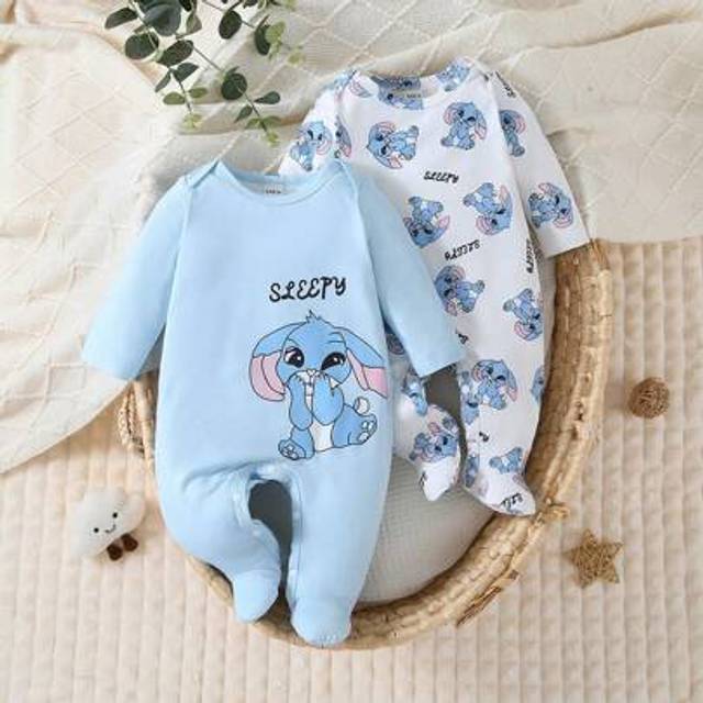 SHEIN 2pcs Set Newborn Blue Series Cute Cartoon Animal Print Long Sleeve Footed Jumpsuit Pajamas  Newborn Baby Clothes Baby Pajamas Set Newborn Pajamas Sets