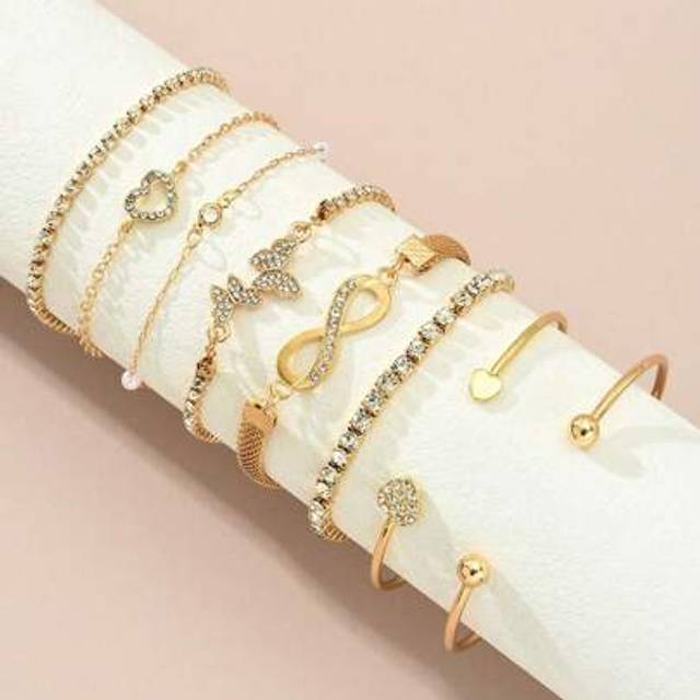 SHEIN 8pcs Set Elegant Metal Faux Pearl, Heart, Butterfly, Infinity, Shiny Rhinestone Bracelets, Fashionable, Delicate, Sweet Layered Wrist Accessories, Ide