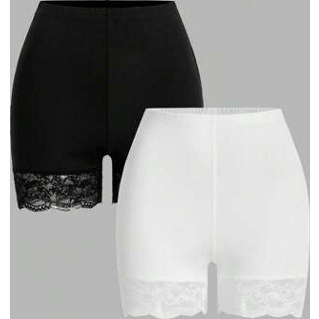 SHEIN 2pcs/Set Plus Size Women Lace Patchwork Leggings Lace Trim Shorts Mid Thigh Shorts Black And White Shorts High Waist Shorts Two Piece Shorts Set, Wear