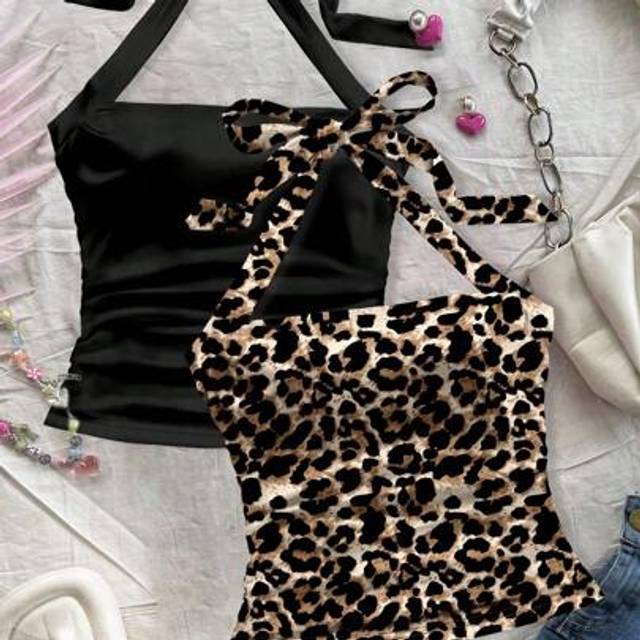 Soleia 2pcs/Set Leopard Print Halter Neck Backless Gathered Ruched Summer Camisole Tops For Women Suitable For Going Out