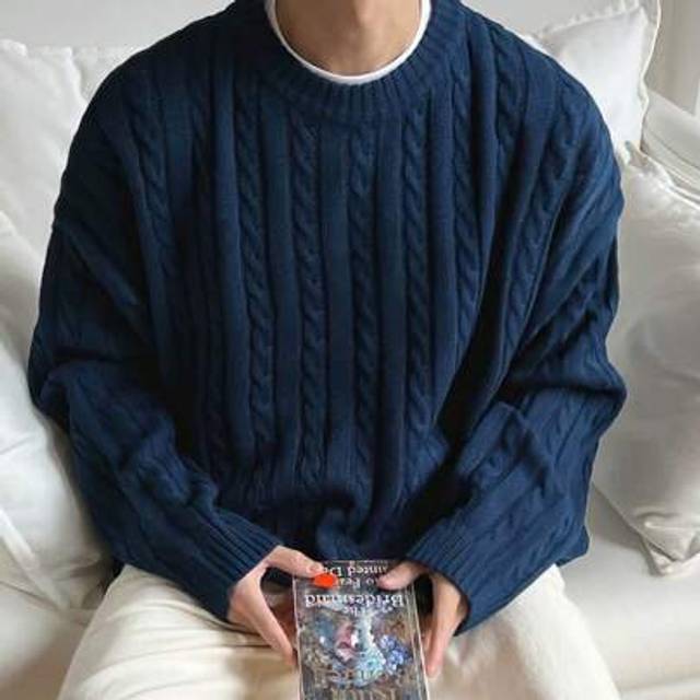 SHEIN BAI YUE Fashion Lethargic Style Thick Twisted Button Rope Drop Shoulder Round Neck Sweater Men&#39;s Sweater, Back To School Clothes, Suitable For Commuti
