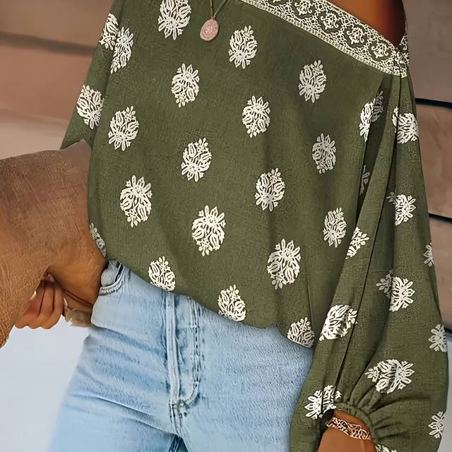 TEMU Plus Size, Plus Size Women's Floral Print Off-the-shoulder Shirt With Puff Sleeves - Olive Botanical Design, Lightweight Breathable Fabric, Machine Washable, Casual Top, Floral Print Blouse