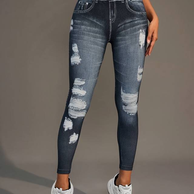 TEMU Women' Denim-look Leggings - Stretchy, With High Waist & Ripped Detail, Machine Washable