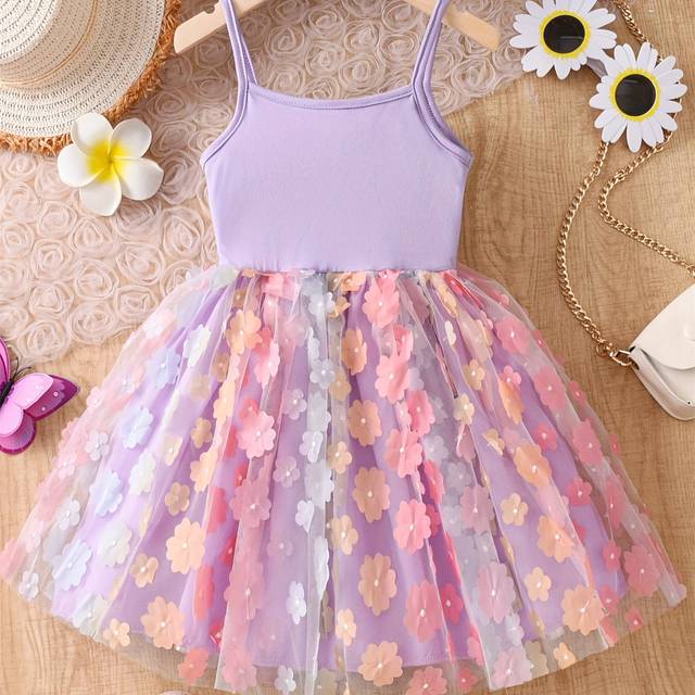 TEMU Girls' Lavender Floral Embroidered Mesh Dress - Sleeveless, Knee-length, Casual Summer Outfit For 4-8, Lavender Dress