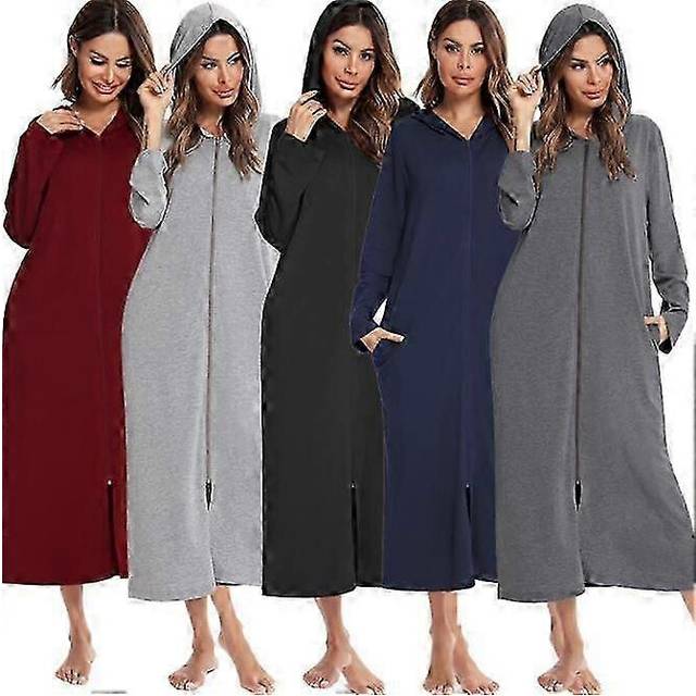 (2XL, black) Womens Zip Up Robe Sweatshirt Long Hooded Robe Floor Length Bathrobe with Pockets