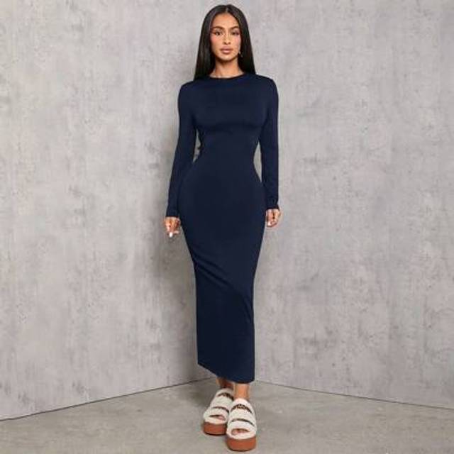 SHEIN Solid Color Pleated Waist Black Long Sleeve Dress