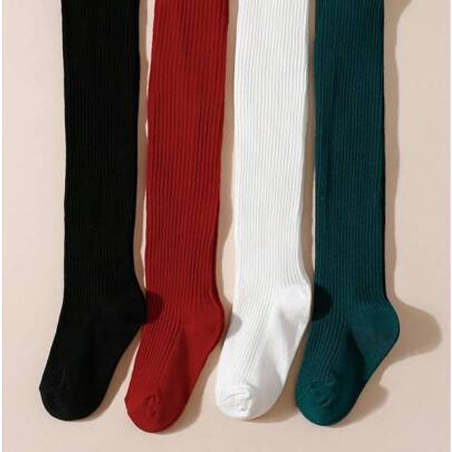 SHEIN 4pcs Girls Vertical Striped Solid Color Leggings Tights, Suitable For Daily Wear