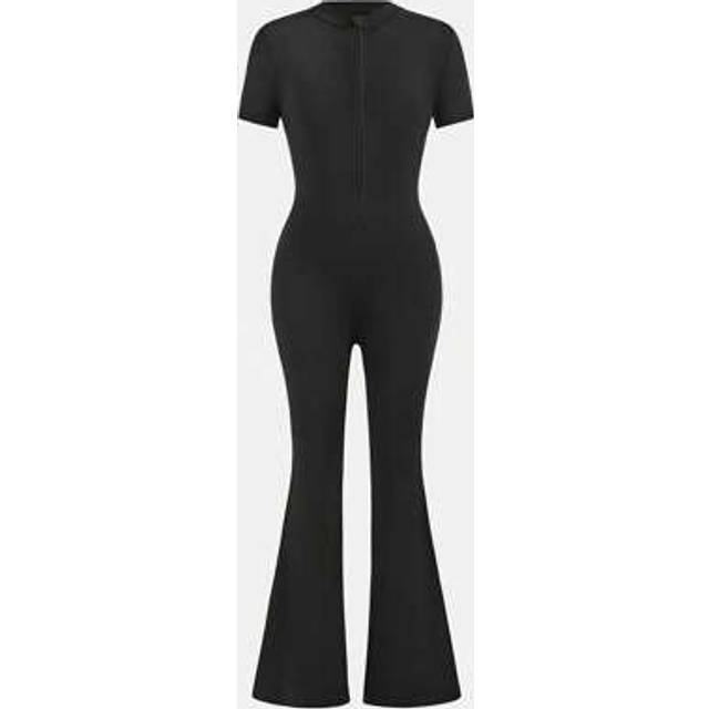 SHEIN HEIN Tween Girls Zip Up Half Zip Unitard Black Romper Flared Jumpsuit,Back To School,Leisure Outing, Tween Girl Black Jumpsuit, Black Flared Leg Jumps