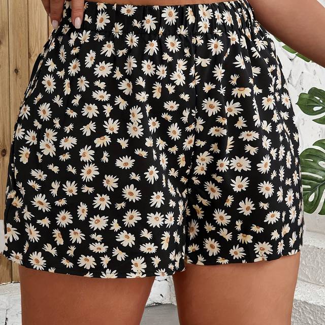 TEMU Women's High-waisted Floral Print Wide-leg Shorts - Navy Blue With Yellow & White Flowers, Lightweight Polyester, Travel, , Spring Shorts | Floral Shorts | Stylish Design, High Waisted Shorts