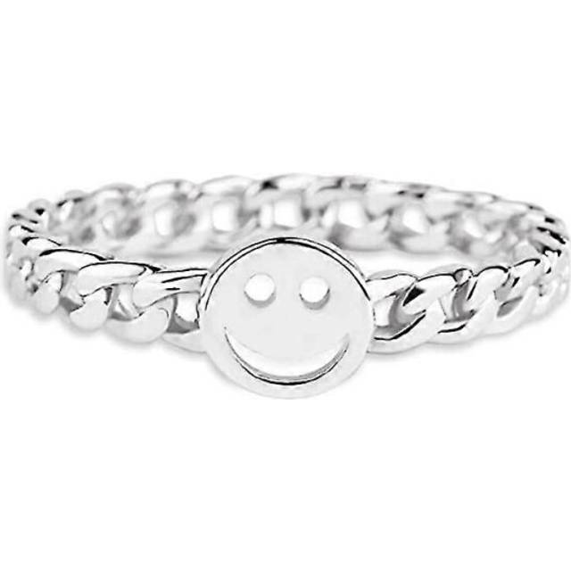 (As show, One size) Women Good Luck Smiley Face Ring Happy Face Stackable Ring With Cute Chain Link Band