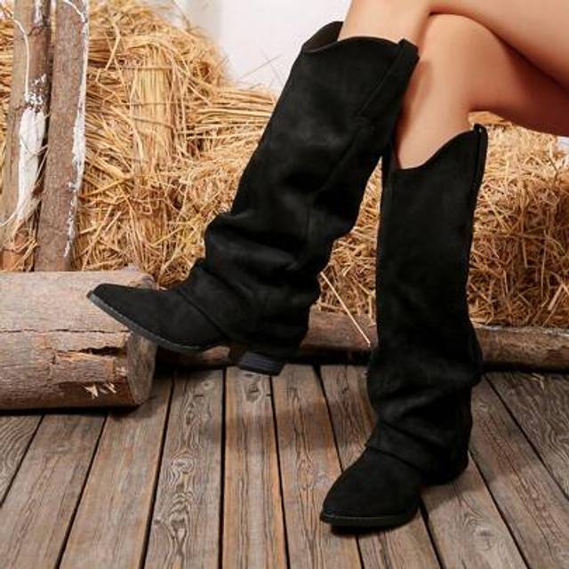 SHEIN Fall/Winter 2025 Women&#39;s Western-Style Boot Set, Suede Fashion Knee-High Boots, Solid Color Retro For Wedding & Party
