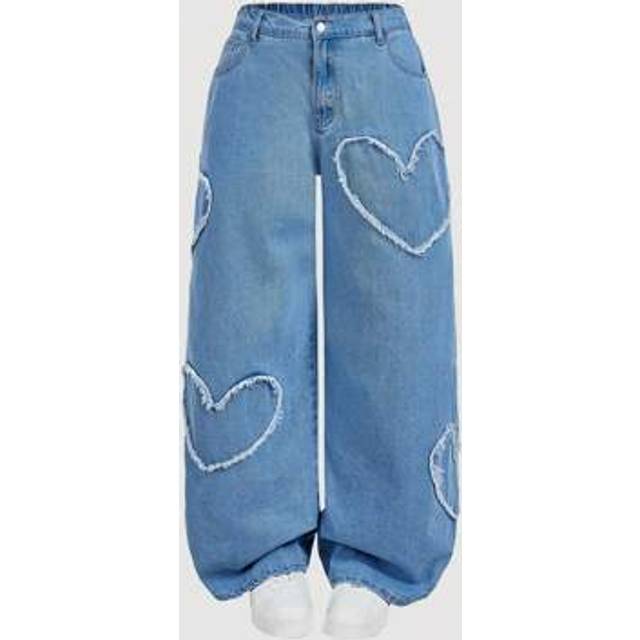 SHEIN Plus Size Casual Cotton Straight Leg Jeans With Sweet Heart Print, Pink,Fall Clothes For Women