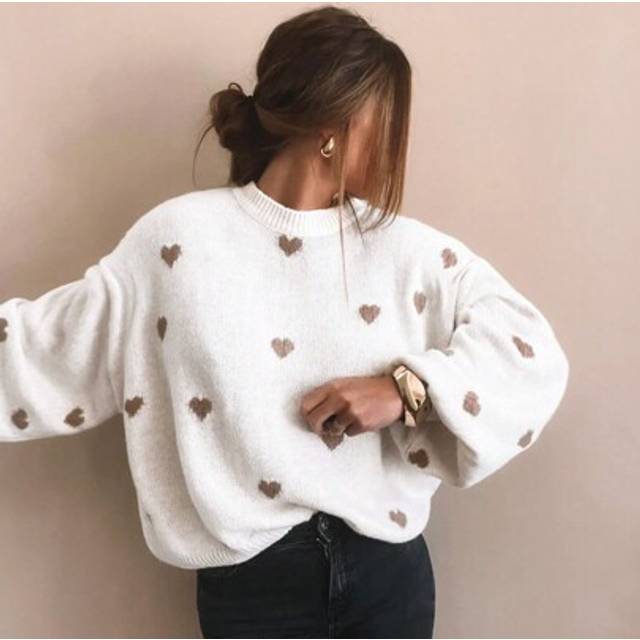 SHEIN Women&#39;s Autumn And Winter Valentine&#39;s Day Cute Casual Love Jacquard Loose Casual Fashion Sweater Round Neck Long Sleeve Pullover Sweater,Long Sleeve T