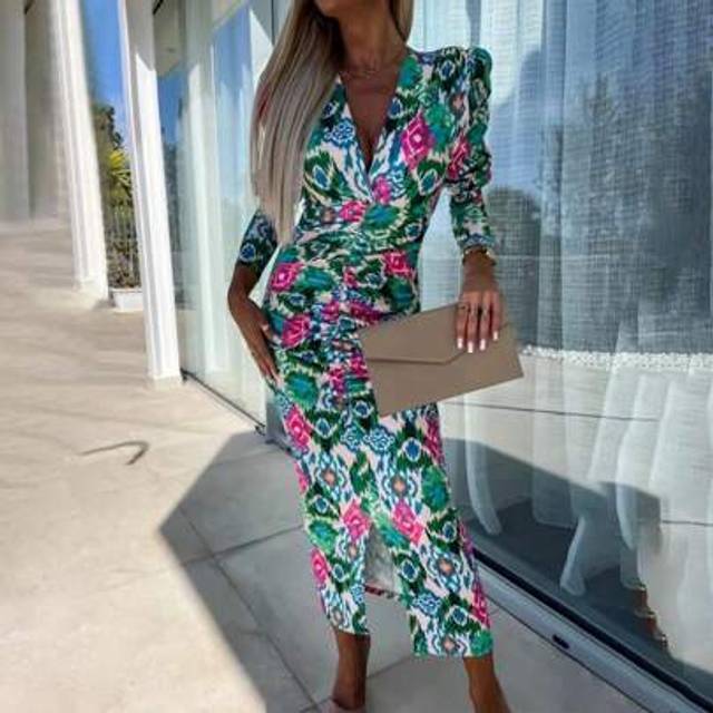 SHEIN Womens Vintage Floral Boho Midi Dress Puff Long Sleeve V Neck Holiday Bodycon