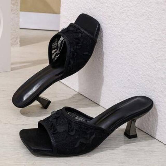 SHEIN Women&#39;s Fashionable & Elegant Peep Toe High Heels, Ladies Black, White, Floral, Lace Pattern Stiletto Slide Sandals, Spring/Summer New Arrivals, Suita